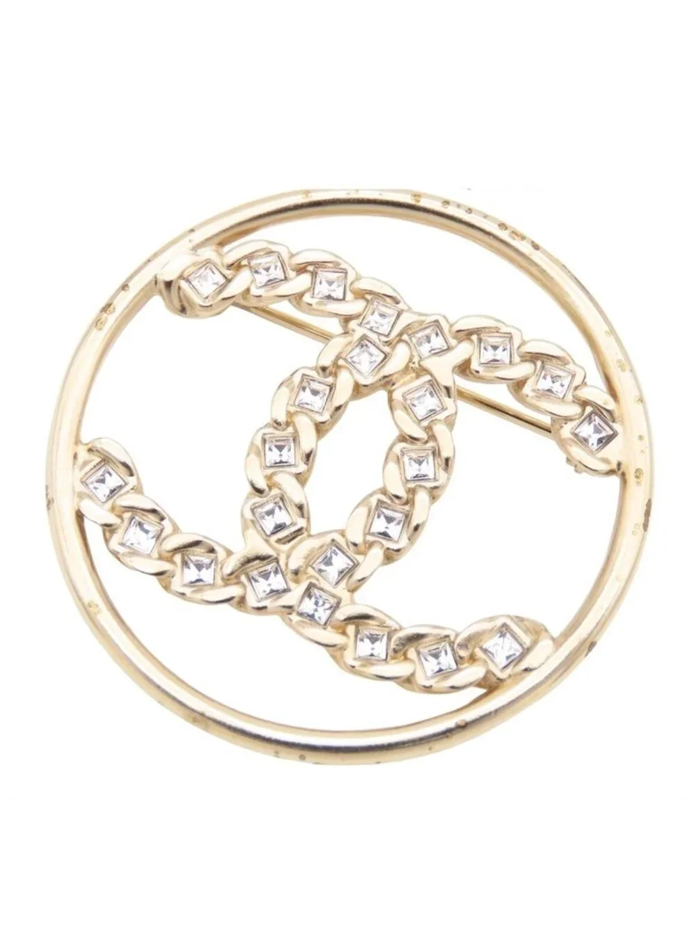 Chanel Brooch Gold Metal Rhinestone Circle CC Logo Costume